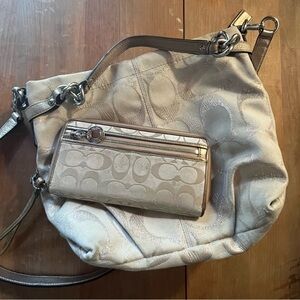 Coach Handbag and Wallet Bundle Set Tan Gold Shimmer Shoulder Bag Zipper Wallet